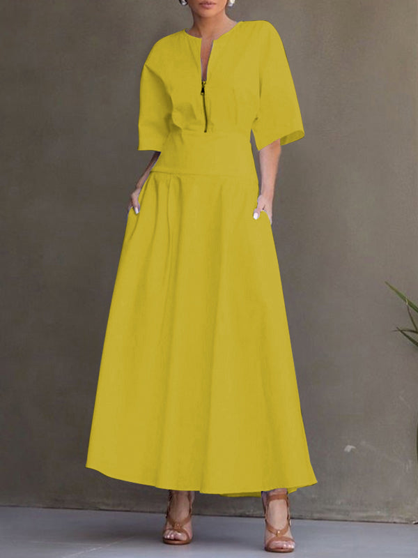 Robe longue ample à manches mi-longues, à fermeture éclair, à col rond, couleur unie