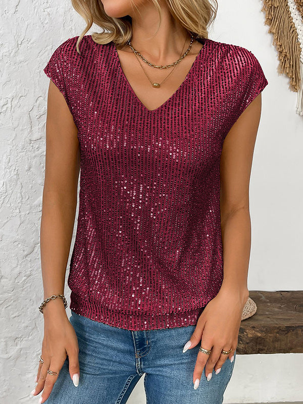 T-shirt ample brillant à manches chauve-souris, à sequins, à col en V