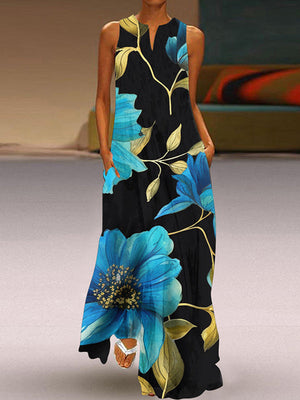 Robe longue ample coupe trapèze, à imprimé floral, à poches, à col en V