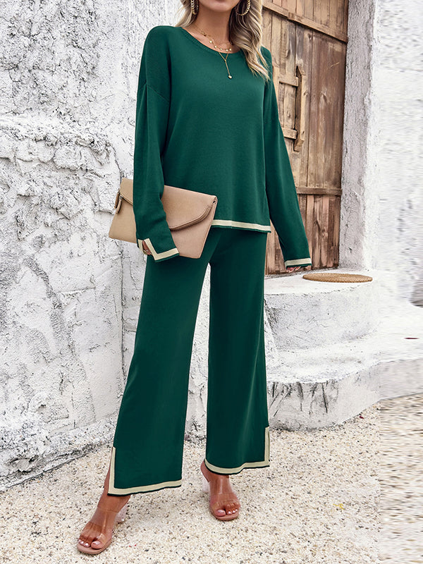 Ensemble deux pièces fendu sur le côté à manches longues, à empiècements, à col rond, à ourlet plongeant, couleur contrastée – pull + pantalon