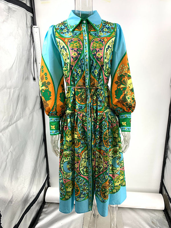 Robe mi-longue ample taille haute, à manches bouffantes, avec ceinture, à imprimé floral, à col revers