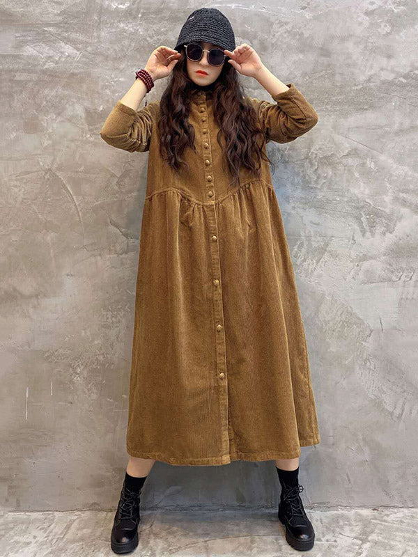 Robe Originale à Revers en Velours Côtelé Uni