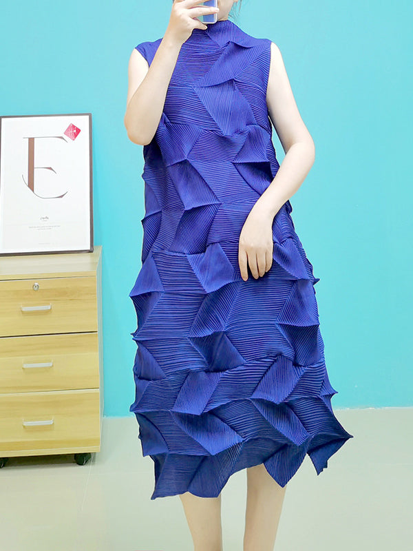Robe mi-longue décontractée plissée sans manches, à coupe irrégulière, à col montant, couleur unie