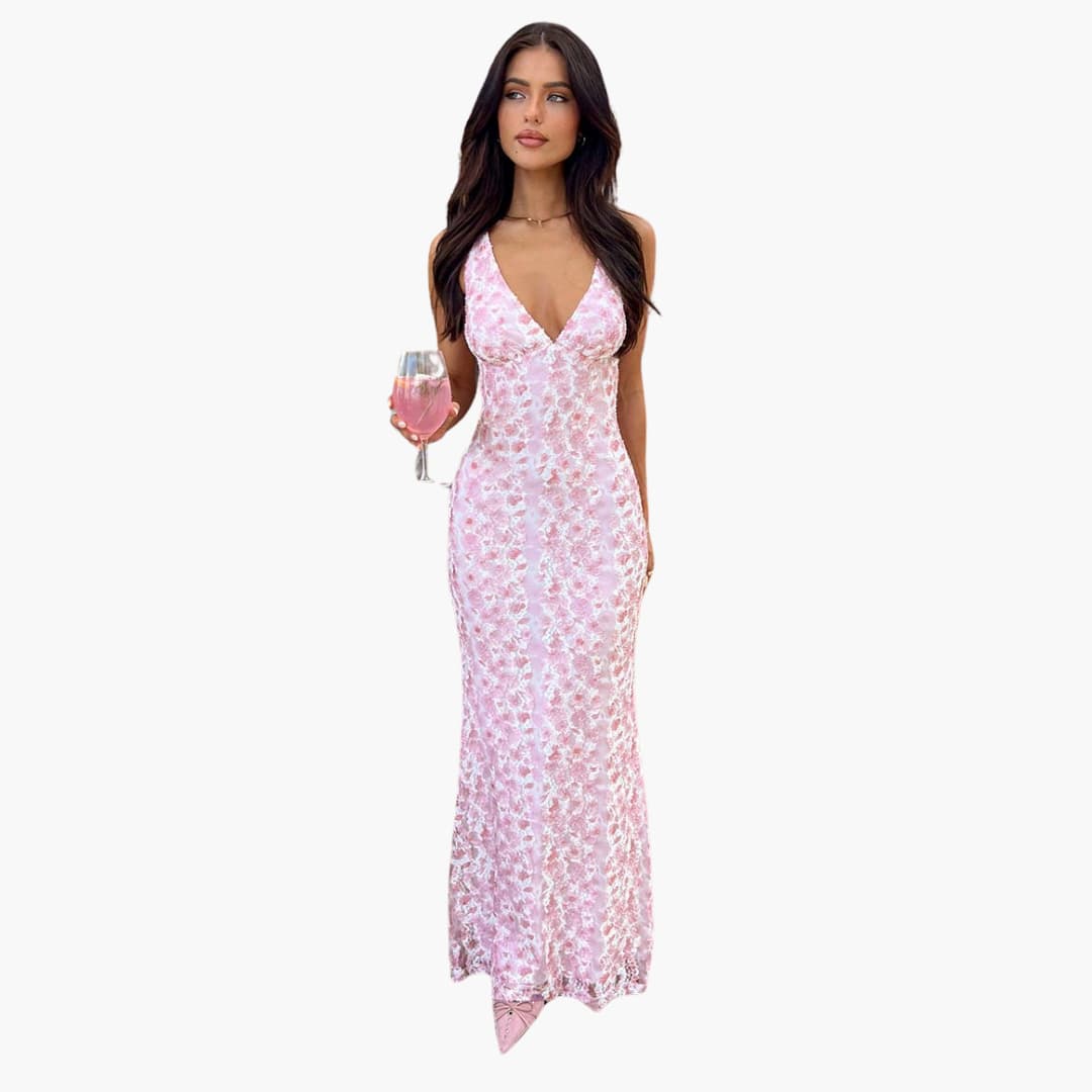 Robe maxi en dentelle - Style féminin avec décolleté en V et élégance