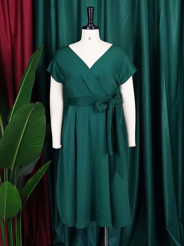 Robe mi-longue à nœud, à lacets, à col en V, couleur unie