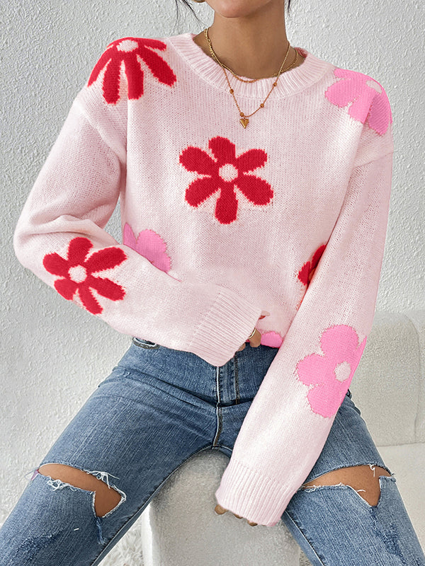 Pull ample à manches longues, à imprimé floral, à col rond, couleur contrastée