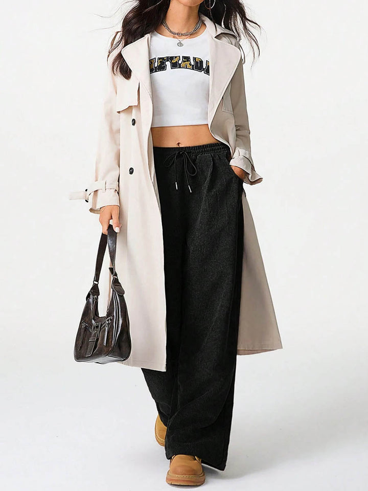Pantalon taille haute, à jambes larges, à cordon de serrage, à taille élastique, à poches, couleur unie