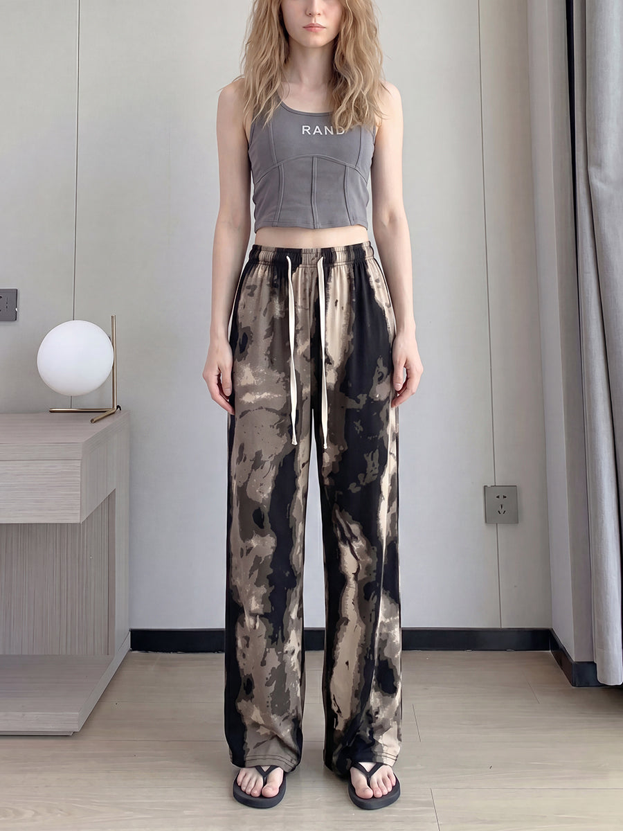 Pantalon imprimé taille haute, à jambes larges, à cordon de serrage, à taille élastique