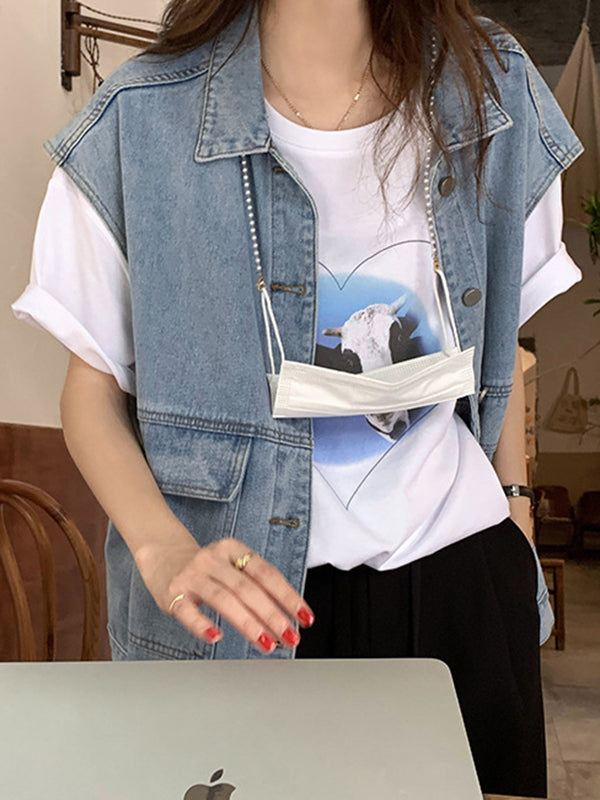 Gilet sans manches simple à empiècements, en jean, couleur unie