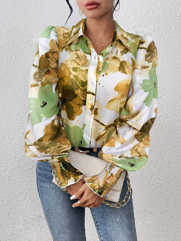 Chemisier ample boutonné plissé à manches longues, à taille élastique, à imprimé floral, à col revers