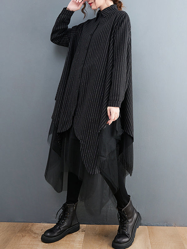Robe ample rayée longue en gaze, à empiècements, à col revers