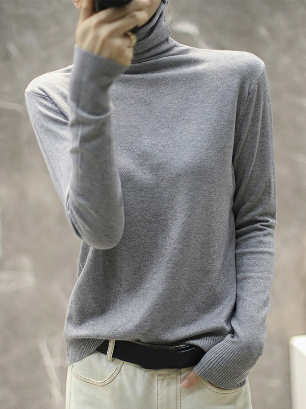 Hauts en tricot à manches longues et col tas de couleur unie