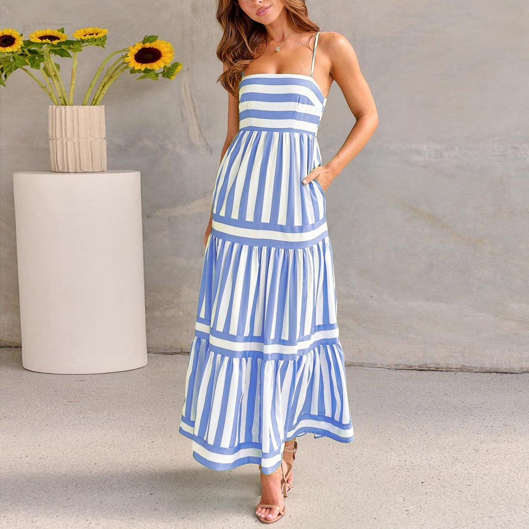 Dalia - Robe maxi rayée rose et bleue
