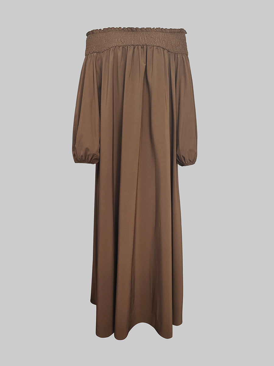 Robe longue ample plissée à manches bouffantes, à taille élastique, à épaules dénudées, couleur unie