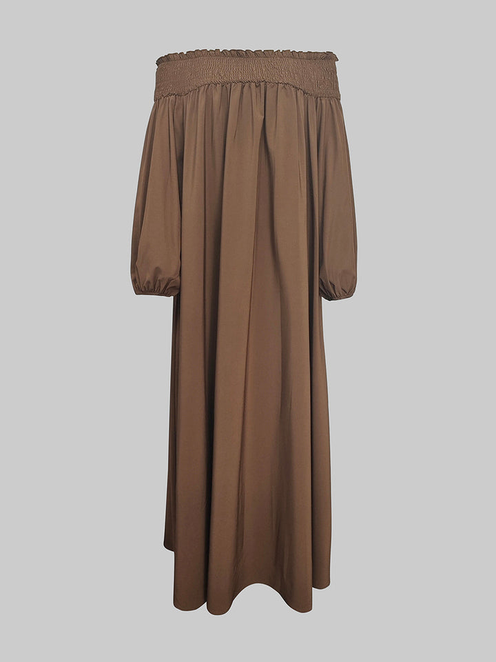 Robe longue ample plissée à manches bouffantes, à taille élastique, à épaules dénudées, couleur unie