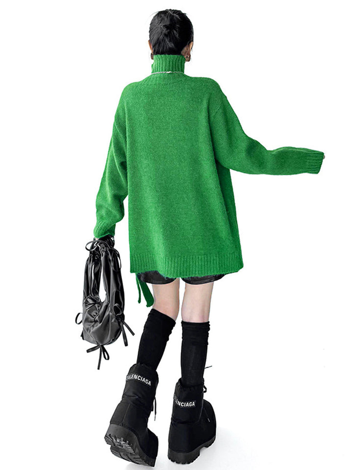 Irrégularité Manches Longues Côtes Boutonnées Couleur Unie Joint Fendu Col Haut Pull Hauts