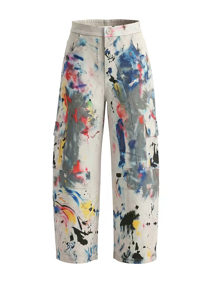 Bas de pantalon en Jean taille haute, jambe large, boutonné, couleur contrastée, poches imprimées graffitis