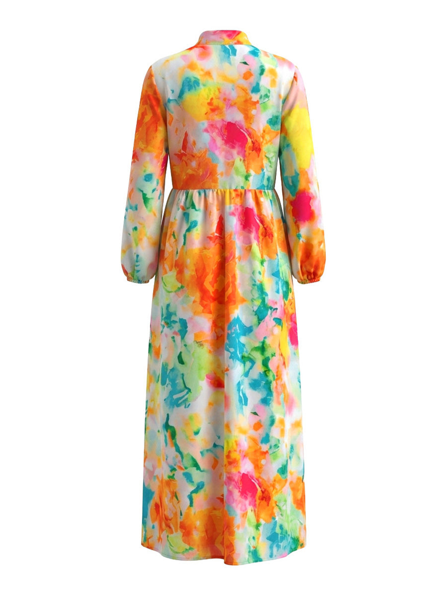 Robe chemise boutonnée plissée imprimée coupe trapèze, à manches longues, à poches, à col revers, couleur contrastée