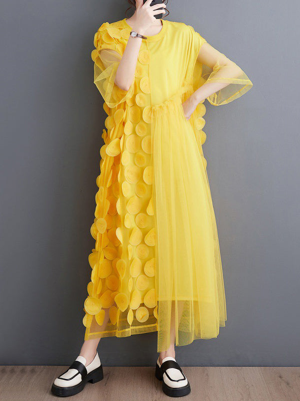 Robe mi-longue ample asymétrique à manches courtes, en gaze, à empiècements, à col rond