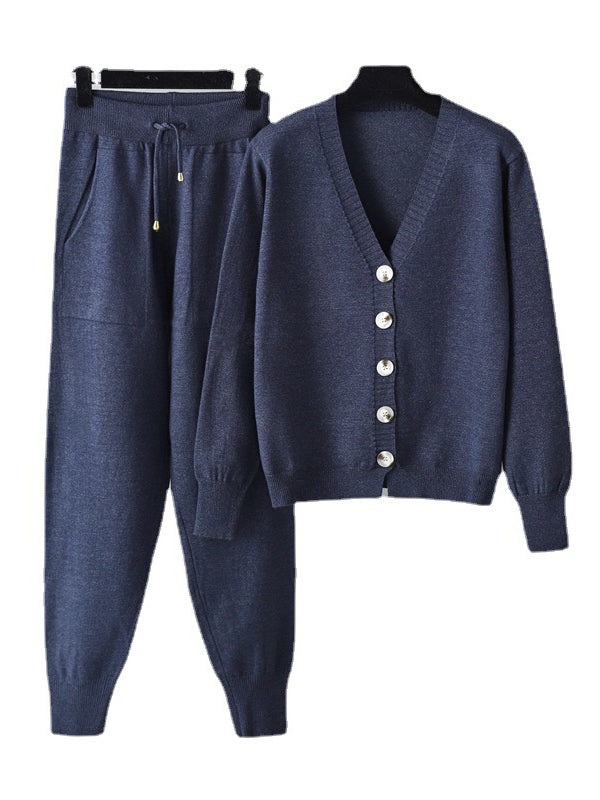 Ensemble deux pièces décontracté ample à col en V, couleur unie – cardigan + sarouel