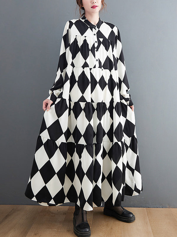 Robe mi-longue boutonnée coupe trapèze, à manches longues, à carreaux, col polo