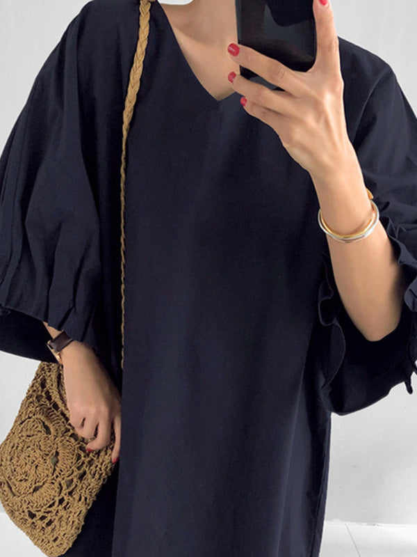Robe mi-longue Plissée à Manches Raglan et Col en V de Grande Taille