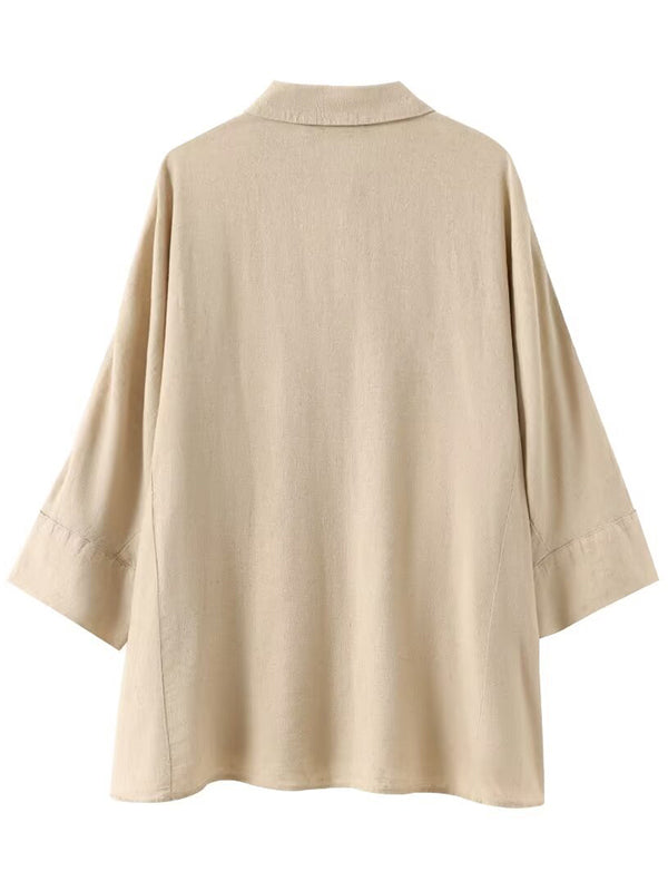 Ensemble deux pièces ample fendu sur le côté plissé à empiècements, à col revers, à taille élastique, couleur unie – chemisier + pantalon