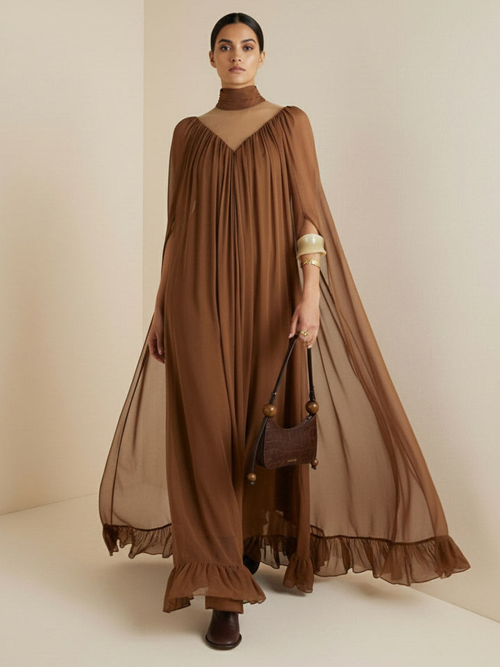 Robe longue superposée plissée volantée transparente style cape, à coupe irrégulière, à empiècements, à col haut, couleur unie