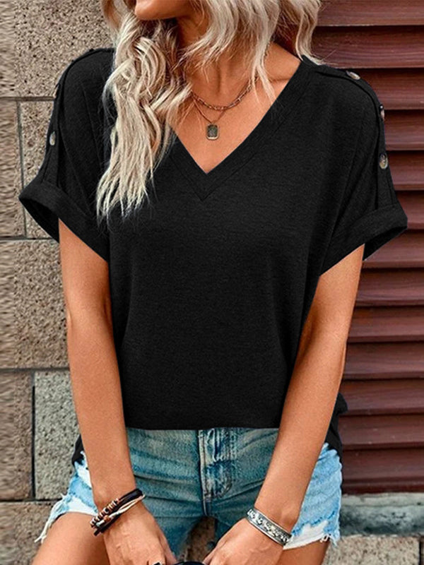 T-shirt ample boutonné à manches courtes, à col en V, couleur unie