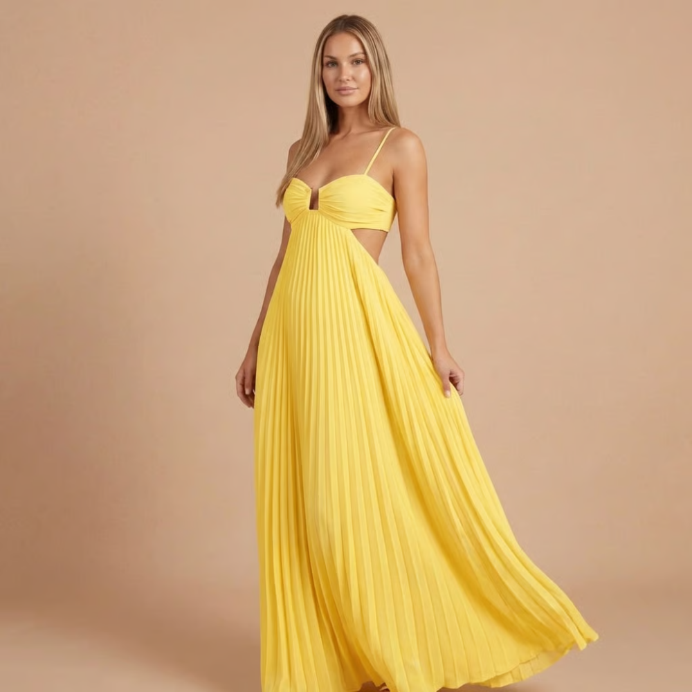 Nancy - Robe Maxi à Bretelles avec Découpes et Plissé