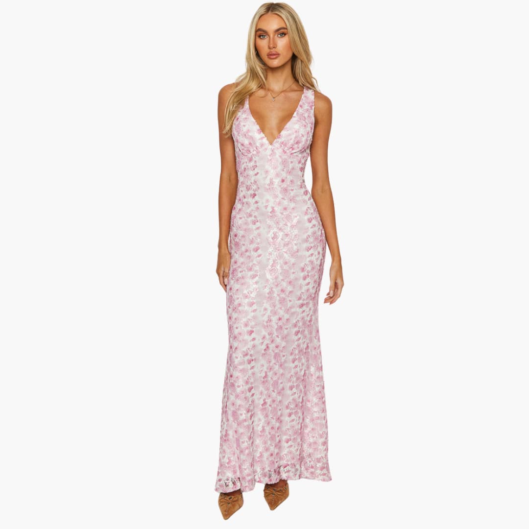 Robe maxi en dentelle - Style féminin avec décolleté en V et élégance