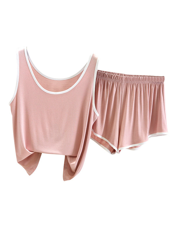 Gilet ample sans manches à col rond et couleur contrastée – Ensemble pyjama horts