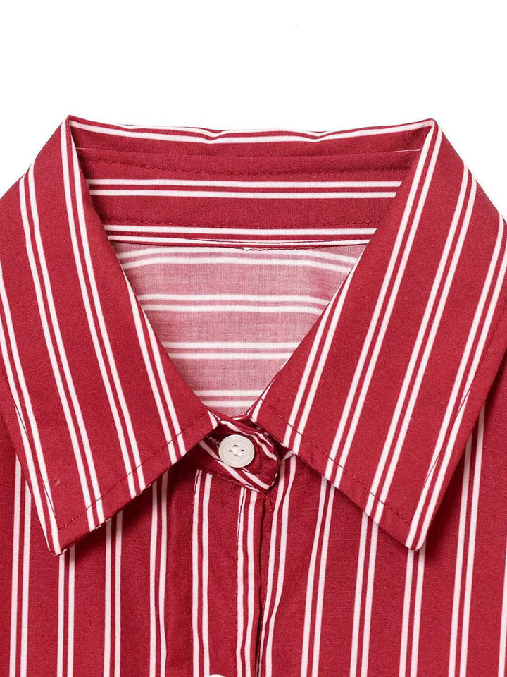 Chemisier rayé boutonné ample à manches longues, à col revers, couleur contrastée