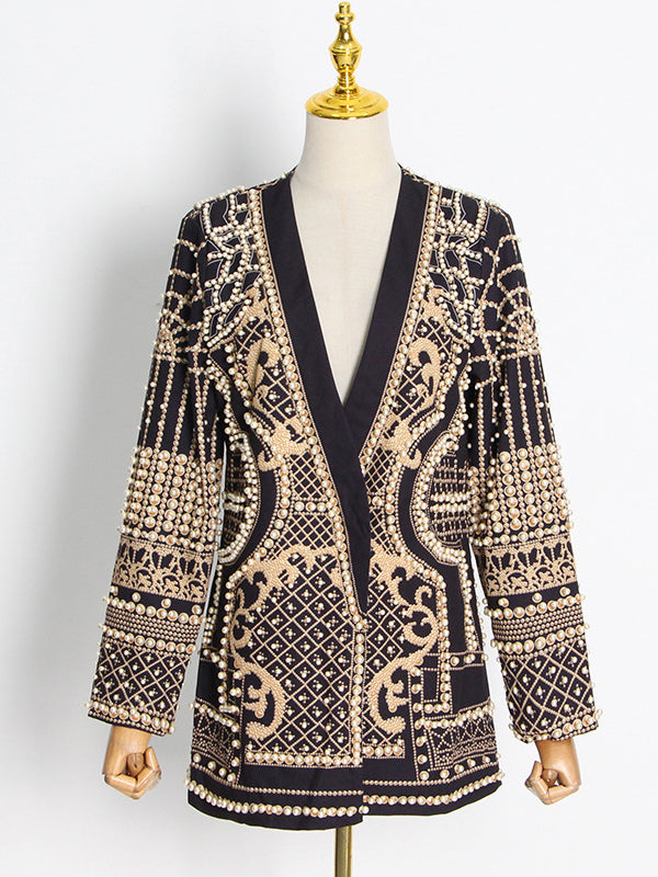 Blazer ample imprimé à manches longues, à perles, à col en V