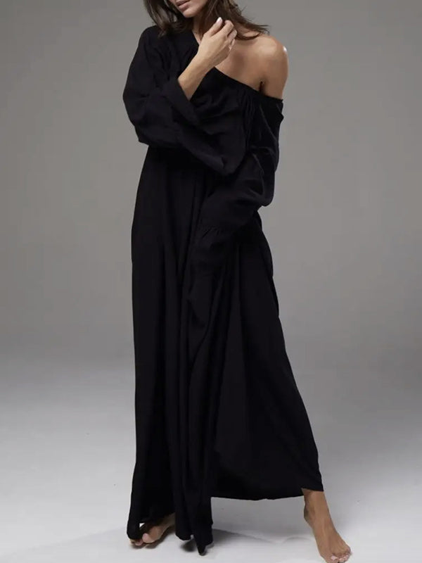 Robe longue ample plissée à manches évasées, à empiècements, à col rond, couleur unie