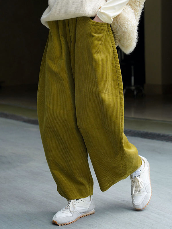Pantalon ample vintage en velours côtelé, jambe large, couleur unie