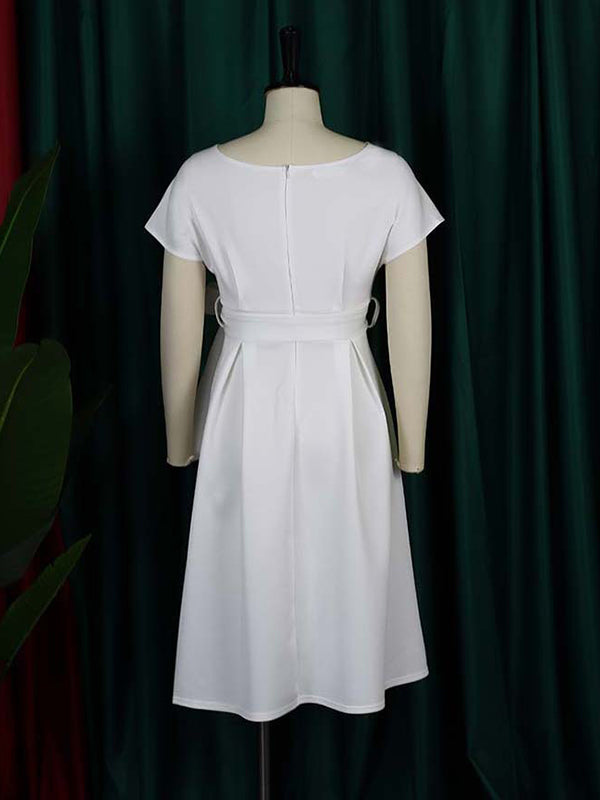 Robe mi-longue à nœud, à lacets, à col en V, couleur unie