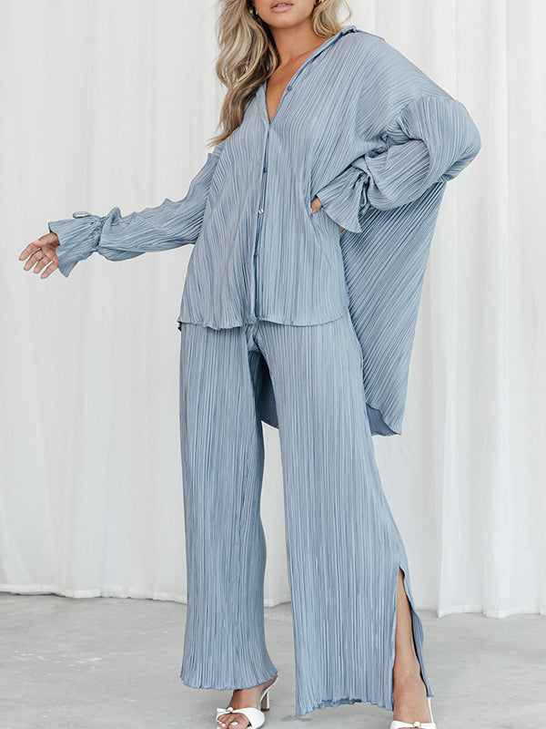 Ensemble pyjama à manches longues, manches évasées, boutonné, cordon de serrage plissé, couleur unie, chemises à revers fendues sur le côté, haut + pantalon, bas