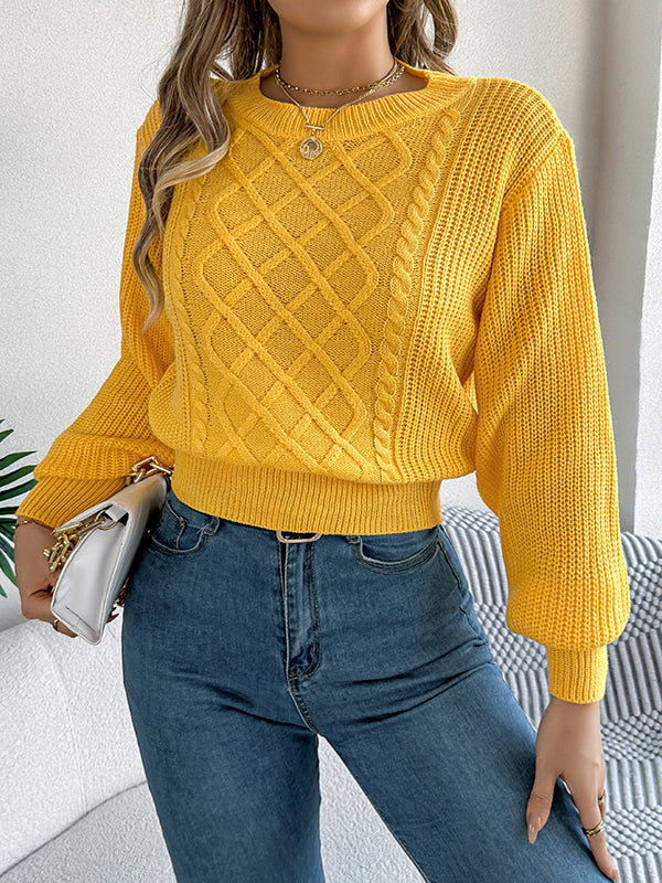 Taille élastiquée manches longues câble tricot couleur unie col rond haut en tricot pull hauts