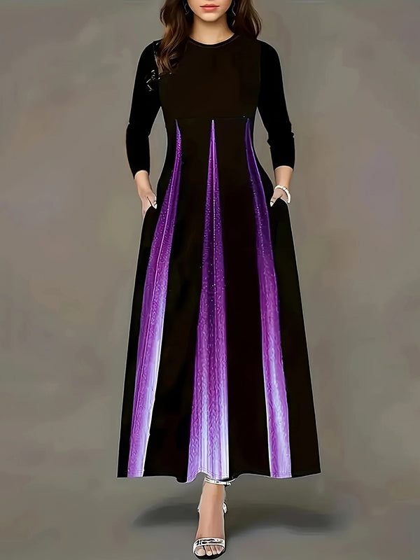 Robe longue imprimée coupe trapèze, taille haute, en dégradé, à poches, à empiècements, à col rond