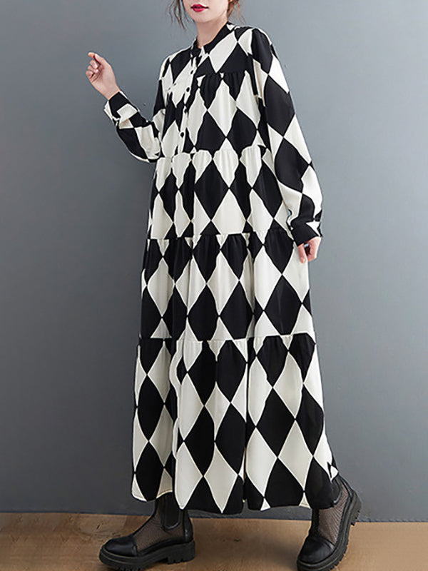 Robe mi-longue boutonnée coupe trapèze, à manches longues, à carreaux, col polo