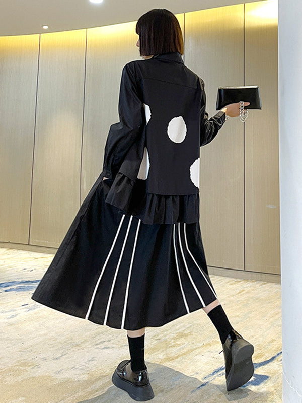 Chemisier simple imprimé à pois noirs et blancs, haut-bas