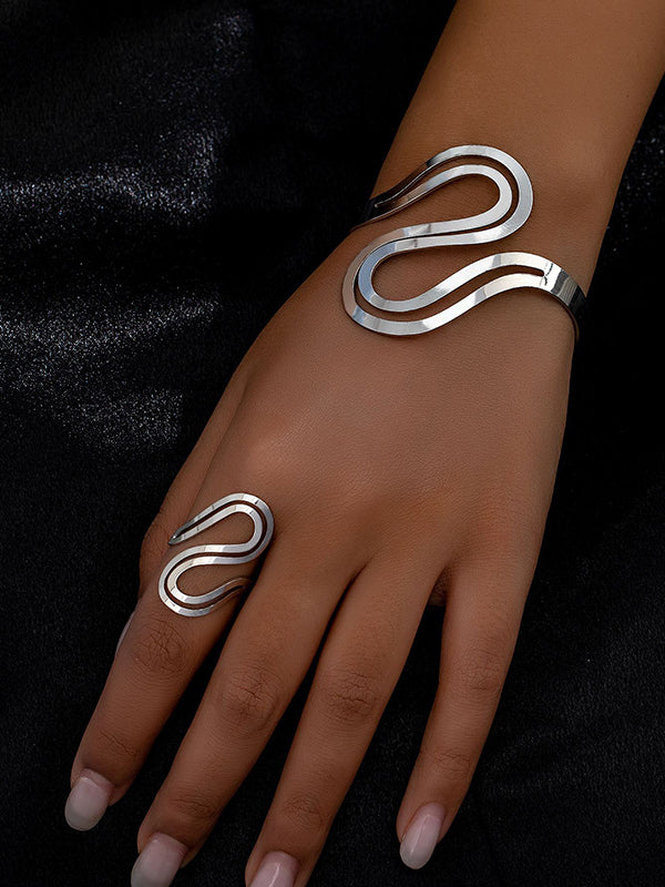 Bracelet géométrique creux de couleur unie + bagues, accessoires deux pièces
