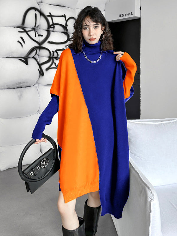 Robe pull mi-longue asymétrique à manches chauve-souris et col haut, couleur contrastée