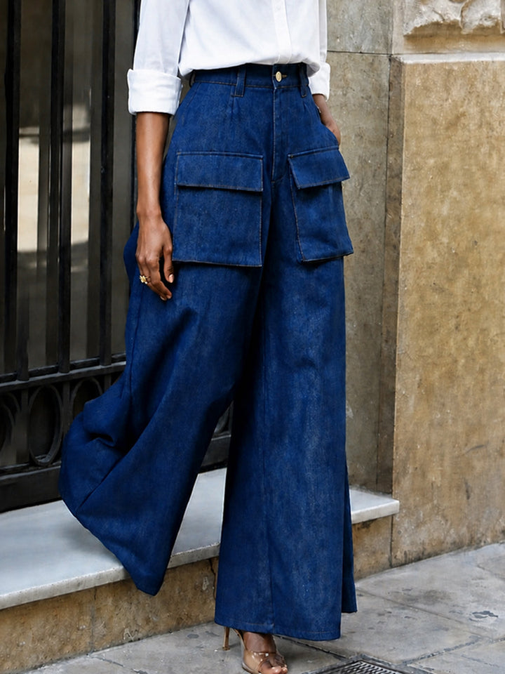 Pantalon boutonné à fermeture éclair, à poches, à jambes larges, taille haute, couleur unie
