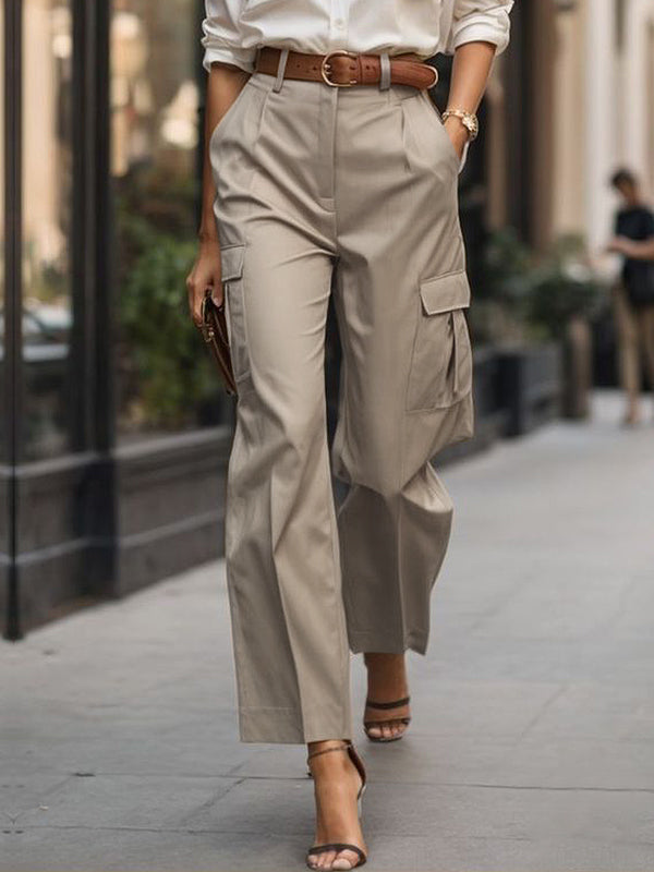 Pantalon plissé taille haute, à poches, couleur unie