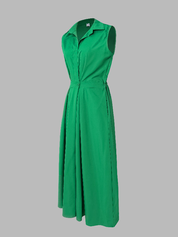 Robe mi-longue sans manches, à col revers, couleur unie
