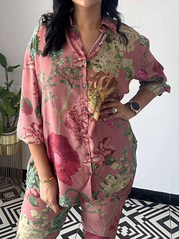 Ensemble deux pièces boutonné à manches longues, à imprimé floral, à col revers – chemise + haut + pantalon 7/8 + pantalon