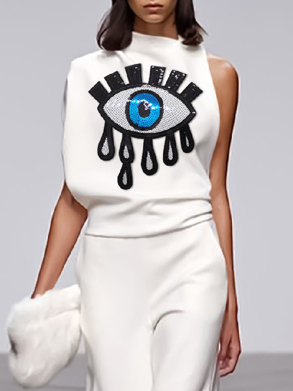 Chemisier brodé asymétrique à appliqués et col cheminée