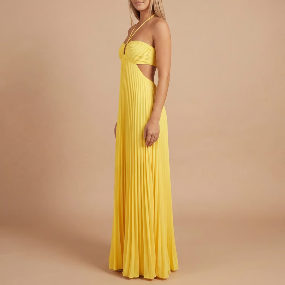 Nancy - Robe Maxi à Bretelles avec Découpes et Plissé